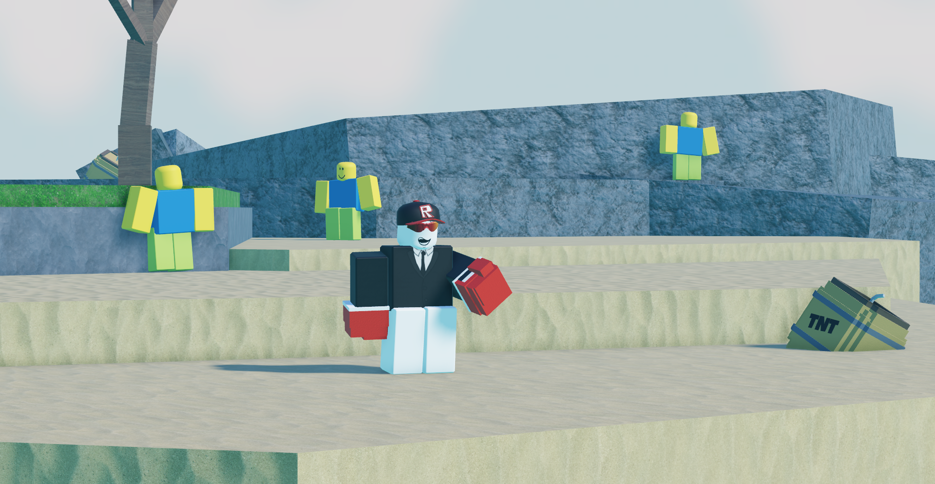 Roblox character facing classic enemies in Cartoon Wars